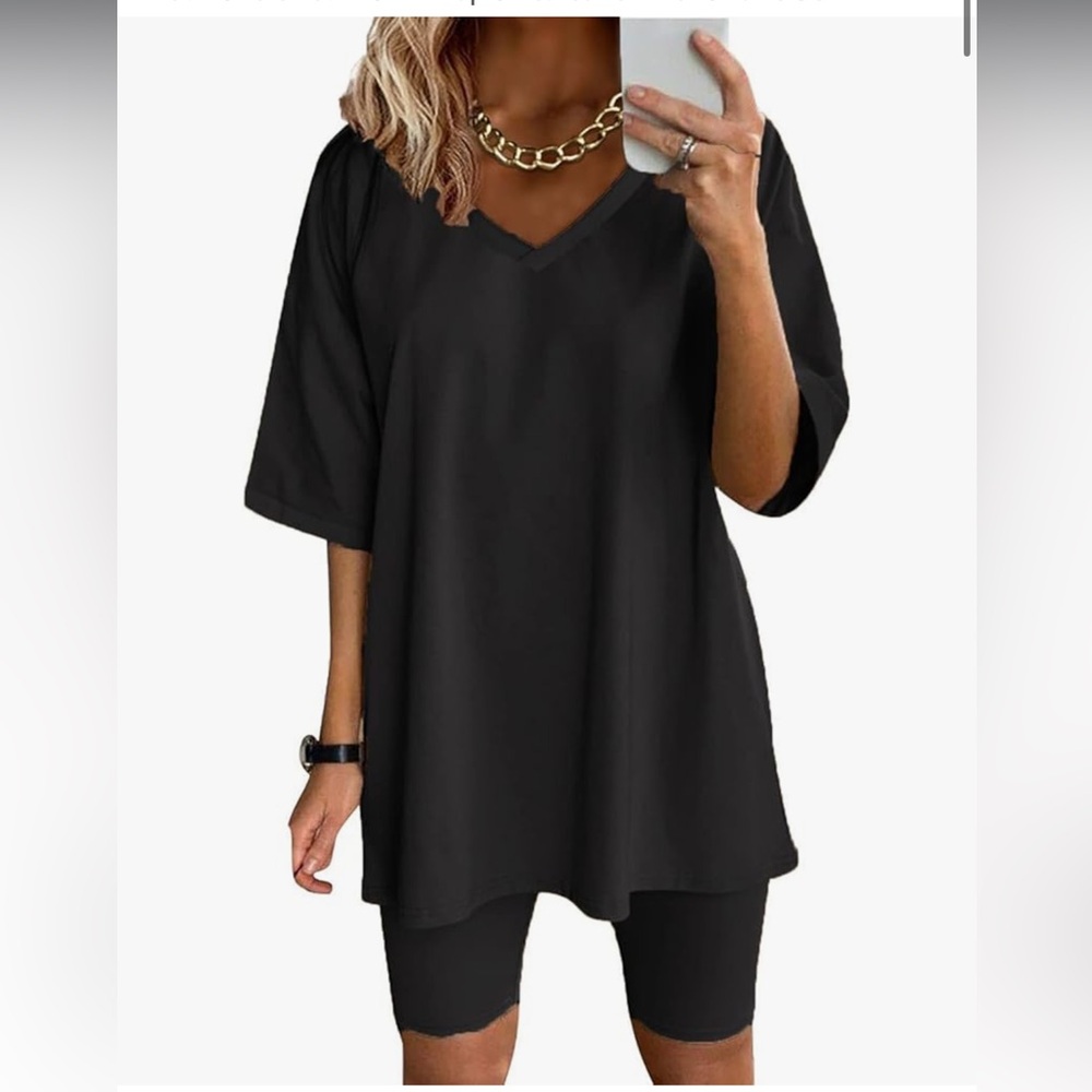 Black Oversized Tee with Biker Shorts - Medium